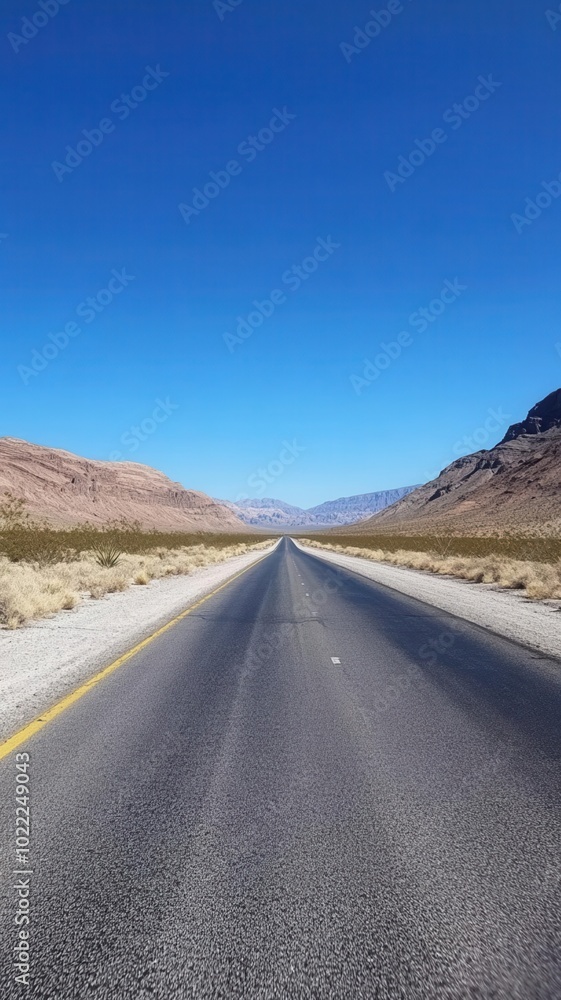 A wide shot of a desert highway, capturing the serenity of an endless road under a clear blue sky