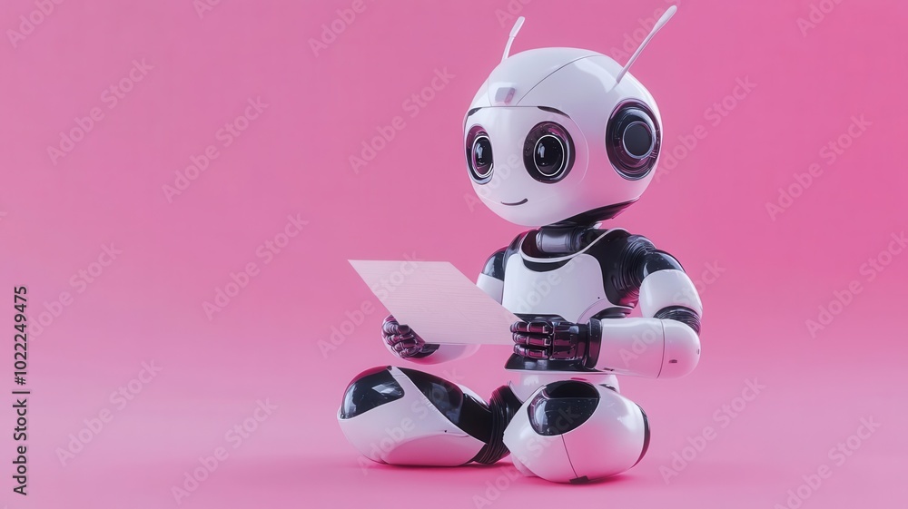 A cute robot sitting crosslegged, examining a piece of paper, set against a minimalist pink background A cute robot sitting crosslegged, examining a piece of paper, set against a minimalist pink background