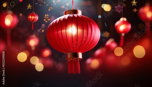 A vibrant red Chinese lantern illuminating the night with soft warmth and intricate details. Generative AI