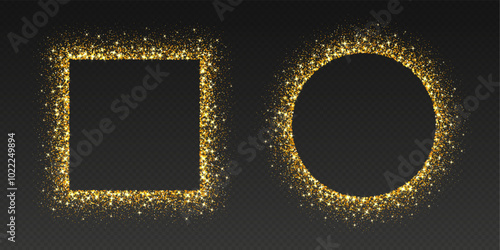 Golden glitter frames, shimmering borders in circle and square shapes, festive holiday sparkles. Christmas decoration. Vector illustration.