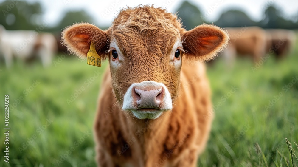 A close-up of a young calf in a grassy field. A close-up of a young calf in a grassy field.