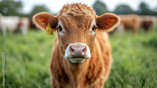 A close-up of a young calf in a grassy field.