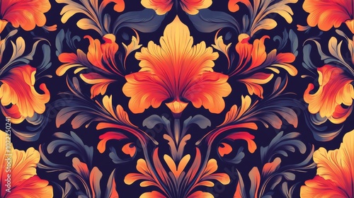 Vibrant Floral Pattern in Rich Orange and Dark Blue