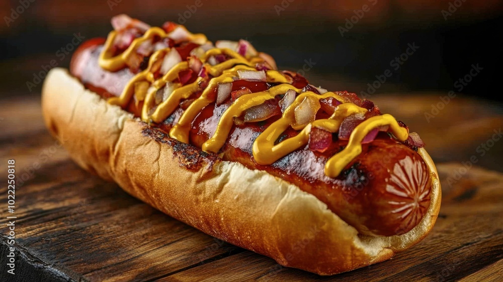 A hotdog-style ham sausage served in a soft bun, topped with mustard, ketchup, and onions, perfect for a fast-food themed image. A hotdog-style ham sausage served in a soft bun, topped with mustard, ketchup, and onions, perfect for a fast-food themed image.