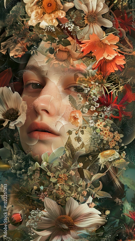 Surreal Floral Portrait: Woman's Face Emerging from a Bouquet of Flowers Surreal Floral Portrait: Woman's Face Emerging from a Bouquet of Flowers