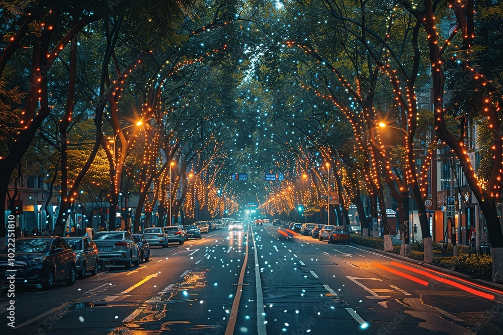 A smart city street where AI monitors traffic, public safety, and environmental conditions A smart city street where AI monitors traffic, public safety, and environmental conditions
