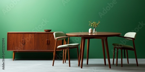 A mid-century modern living room with a round wooden dining table, mint green chairs, a vintage wooden cabinet, and a soft beige sofa, all set against a calming green wall for a fresh yet retro feel photo