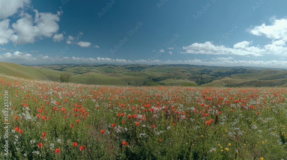 A panoramic view of a hillside blanketed in wildflowers, with rolling hills and a bright blue sky creating a picturesque landscape. A panoramic view of a hillside blanketed in wildflowers, with rolling hills and a bright blue sky creating a picturesque landscape.