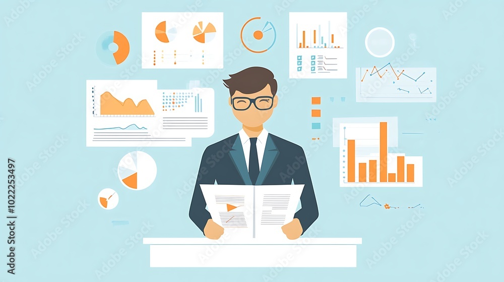 Businessman Analyzing Data and Graphs at a Desk Businessman Analyzing Data and Graphs at a Desk