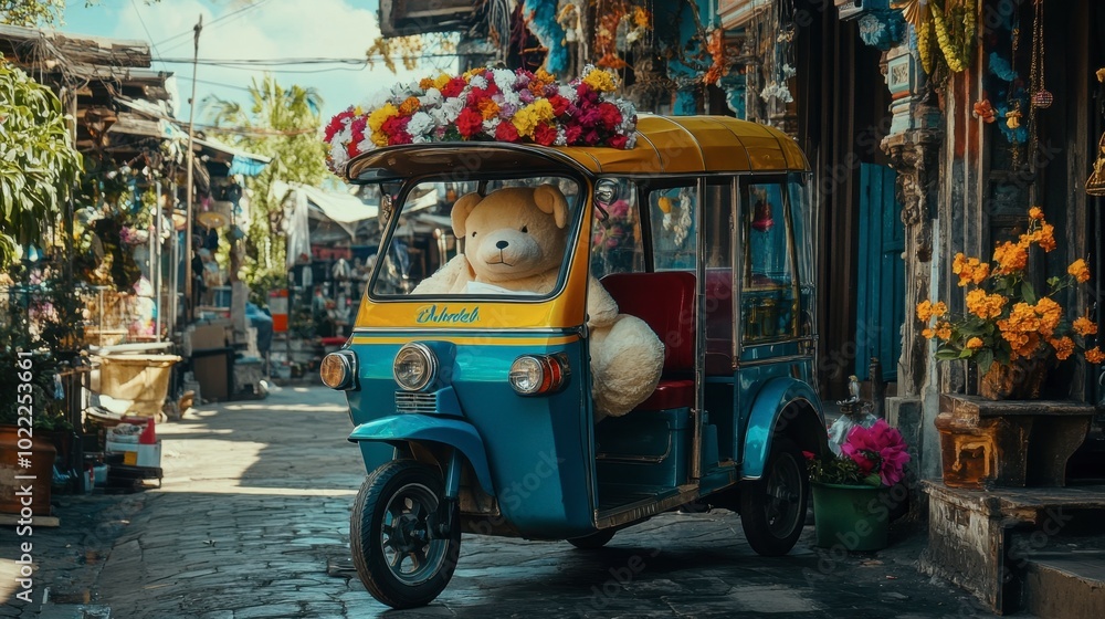 Obraz premium A playful image of a tuk-tuk with a large stuffed animal in the passenger seat, adding a fun and whimsical touch to the scene.