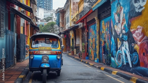 A quaint alleyway with a tuk-tuk parked beside colorful street art, capturing the urban culture and creativity of the area.