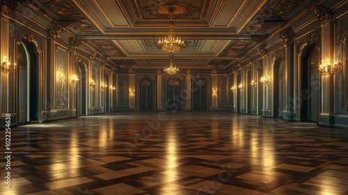 Wallpaper Mural An empty grand ballroom with ornate parquet floors and gilded details on the walls, ready for an elegant event. Torontodigital.ca