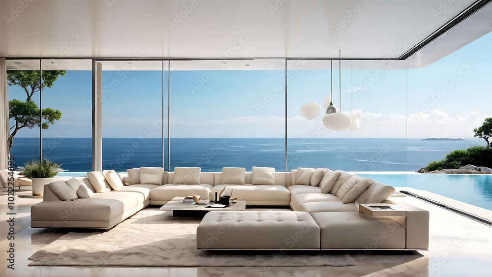 Luxury architecture, ocean front property landscape. Modern living room ...