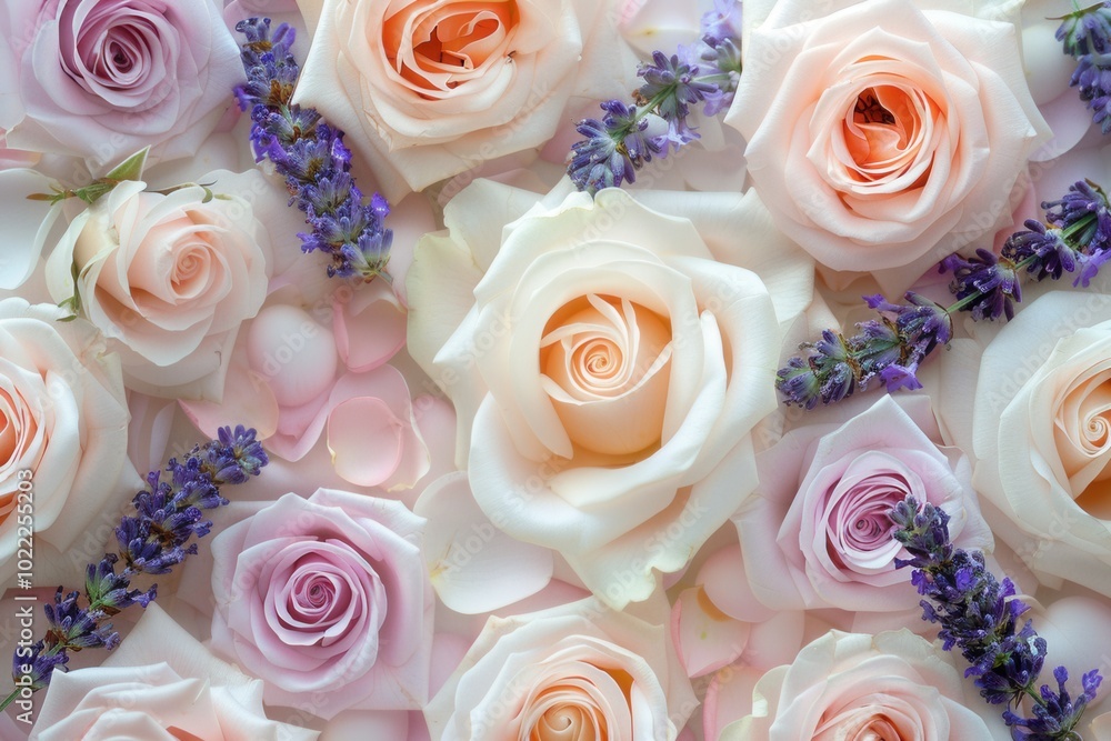 Delicate roses in shades of pink and cream mingle with fragrant lavender, creating a soothing and harmonious floral display. Generative AI Delicate roses in shades of pink and cream mingle with fragrant lavender, creating a soothing and harmonious floral display. Generative AI