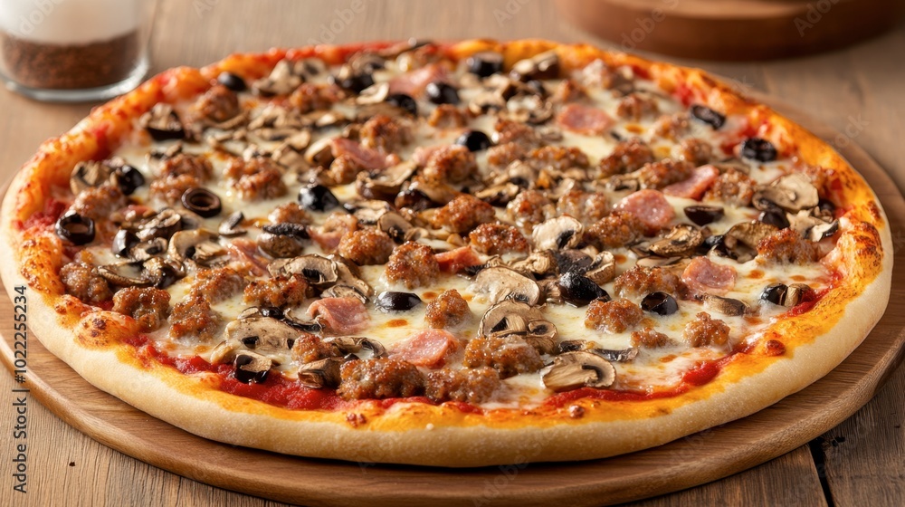 Ham sausage slices on a gourmet pizza with mushrooms, olives, and mozzarella cheese, fresh out of the oven. Ham sausage slices on a gourmet pizza with mushrooms, olives, and mozzarella cheese, fresh out of the oven.