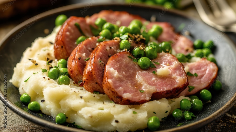 Sliced ham sausage served with creamy mashed potatoes and green peas for a classic comfort food meal. Sliced ham sausage served with creamy mashed potatoes and green peas for a classic comfort food meal.