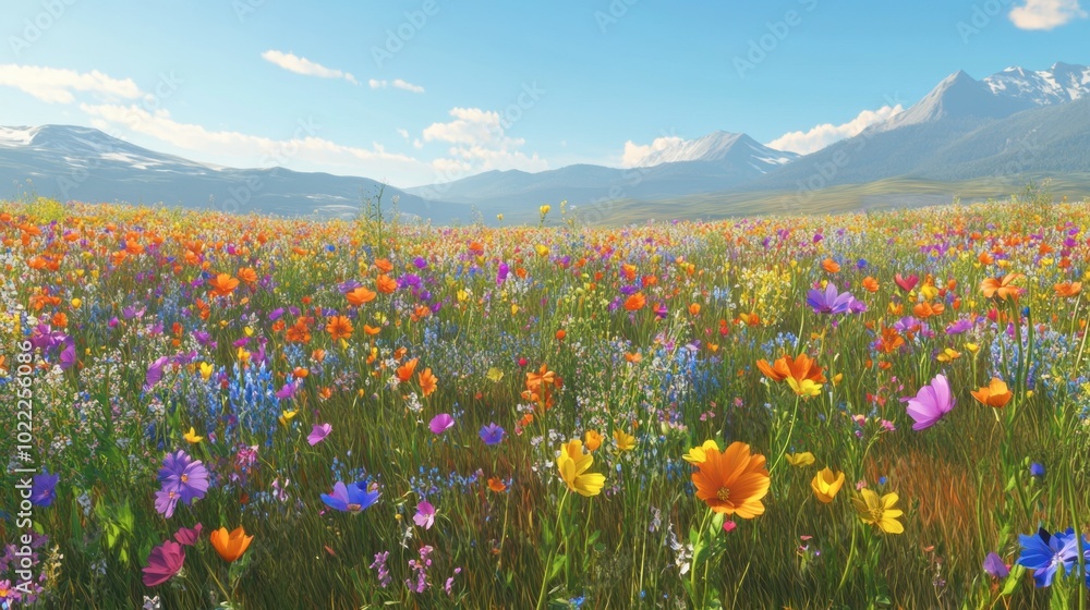 A vibrant meadow filled with colorful wildflowers swaying gently in the breeze, with a clear blue sky above and distant mountains in the background. A vibrant meadow filled with colorful wildflowers swaying gently in the breeze, with a clear blue sky above and distant mountains in the background.