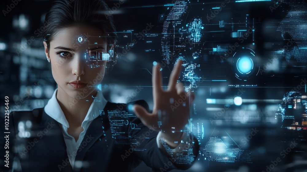 Futuristic Businesswoman Interacting with Digital Interfaces Futuristic Businesswoman Interacting with Digital Interfaces
