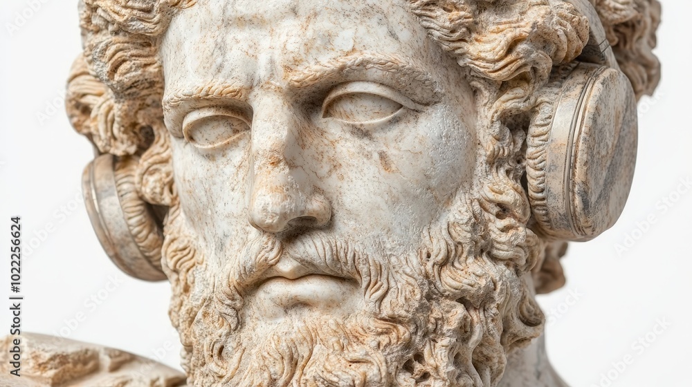 Fototapeta premium Ancient Greek Zeus Sculpture Wearing Headphones Modern Art