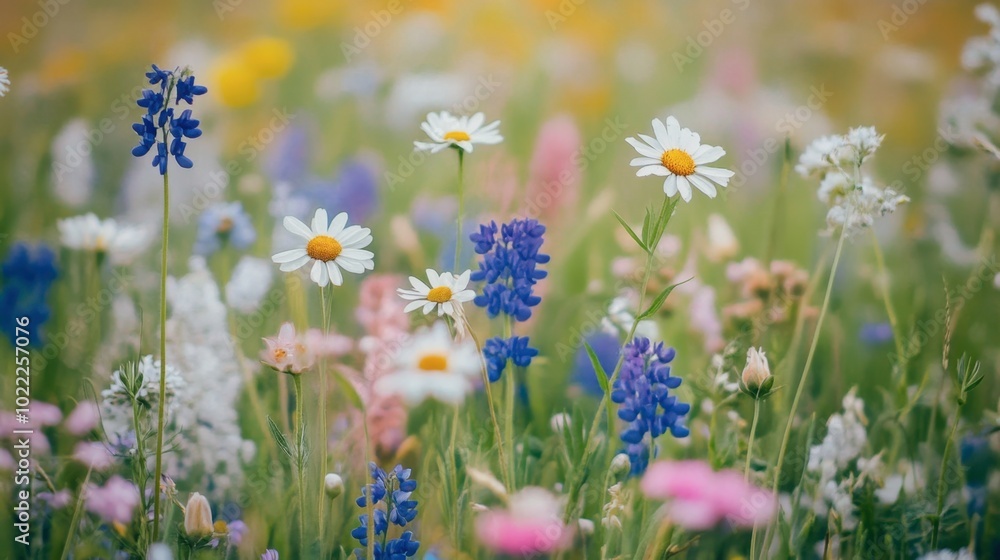Obraz premium A wildflower field dotted with various species, creating a tapestry of colors and shapes, celebrating the diversity of nature.