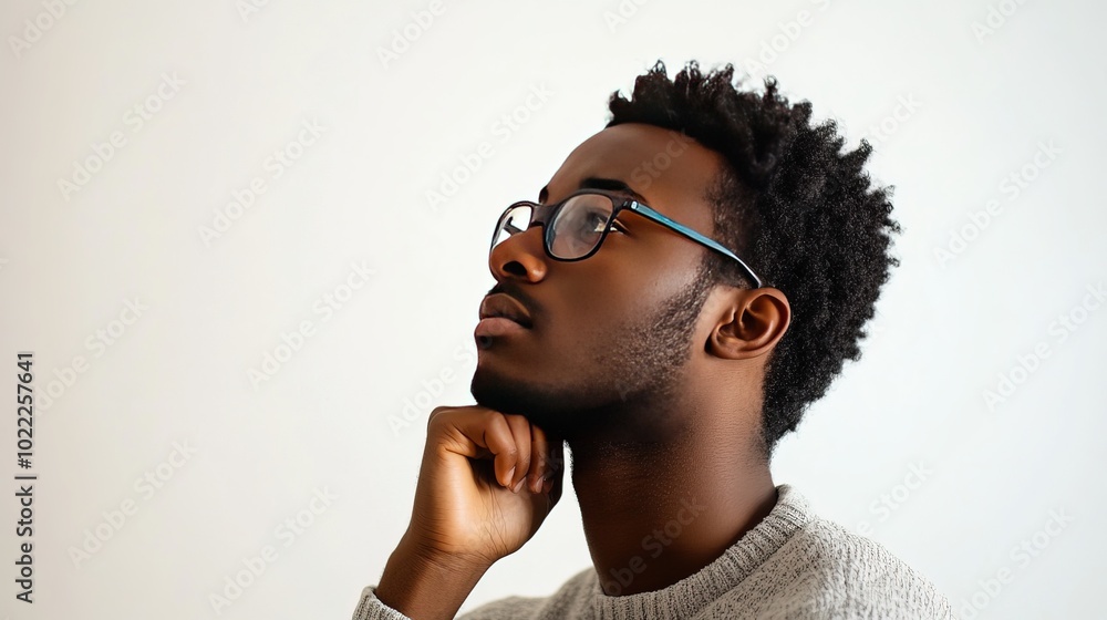 photo of an individual in a thinking pose, advertising perspective, white background.