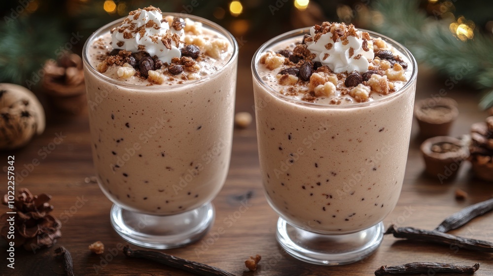 Two creamy desserts topped with whipped cream and chocolate bits. Two creamy desserts topped with whipped cream and chocolate bits.