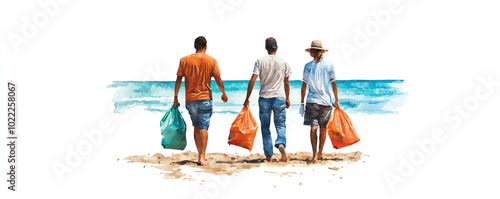 Three individuals cleaning a beach while carrying bags of trash. photo