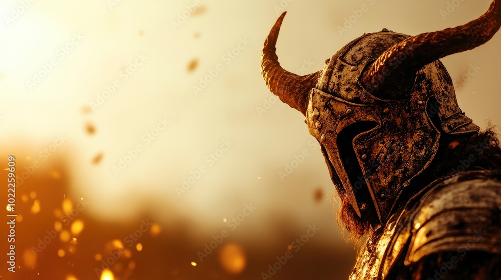 A warrior in ornate armor, illuminated by a dramatic sunset glow. A warrior in ornate armor, illuminated by a dramatic sunset glow.