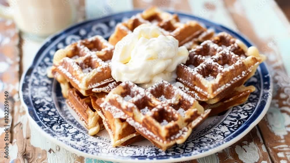 Delicious waffles with a generous dusting of powdered sugar are beautifully stacked on a rustic plate, making for a mouth watering breakfast treat Delicious waffles with a generous dusting of powdered sugar are beautifully stacked on a rustic plate, making for a mouth watering breakfast treat