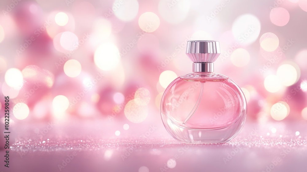 Elegant Pink Perfume Bottle on Sparkling Background Elegant Pink Perfume Bottle on Sparkling Background