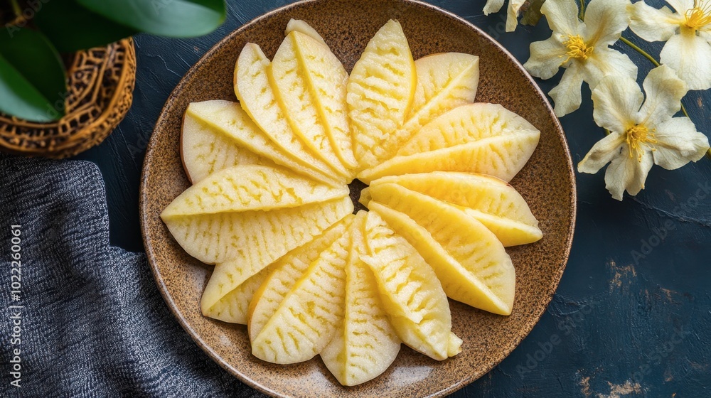 A top-down view of custard apple slices arranged beautifully on a ceramic plate. A top-down view of custard apple slices arranged beautifully on a ceramic plate.