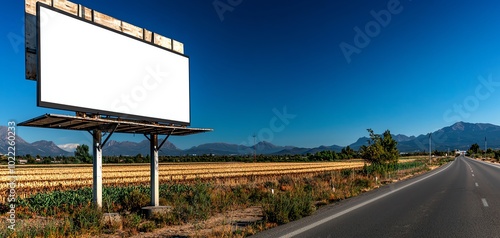 Blank billboard on highway surrounded by fields and mountains under blue sky. photo