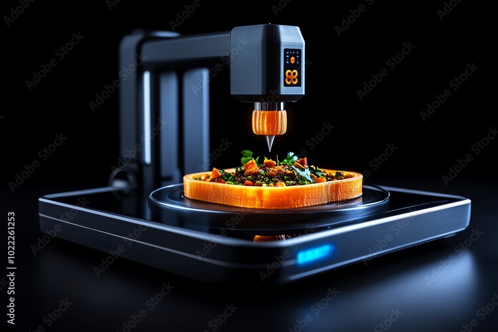 Futuristic depiction of a low-carb meal being printed by a 3D food printer, showcasing the blend of technology and nutrition Futuristic depiction of a low-carb meal being printed by a 3D food printer, showcasing the blend of technology and nutrition