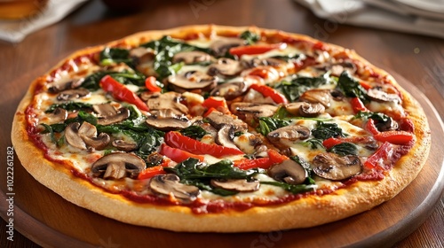 A vegetarian pizza topped with mushrooms, bell peppers, spinach, and vegan cheese.