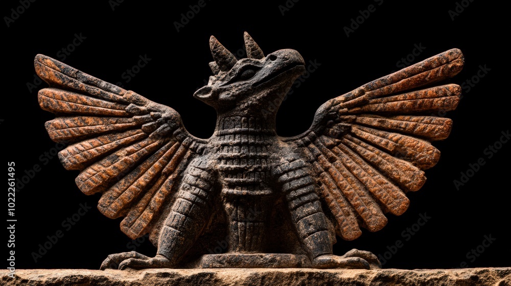 Fototapeta premium Ancient decorative statue of a mythical creature with wings and intricate details.