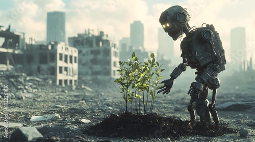  In a desolate post-apocalyptic landscape, a rugged robot is nurturing a small patch of green plants that have just started to grow in the cracked earth