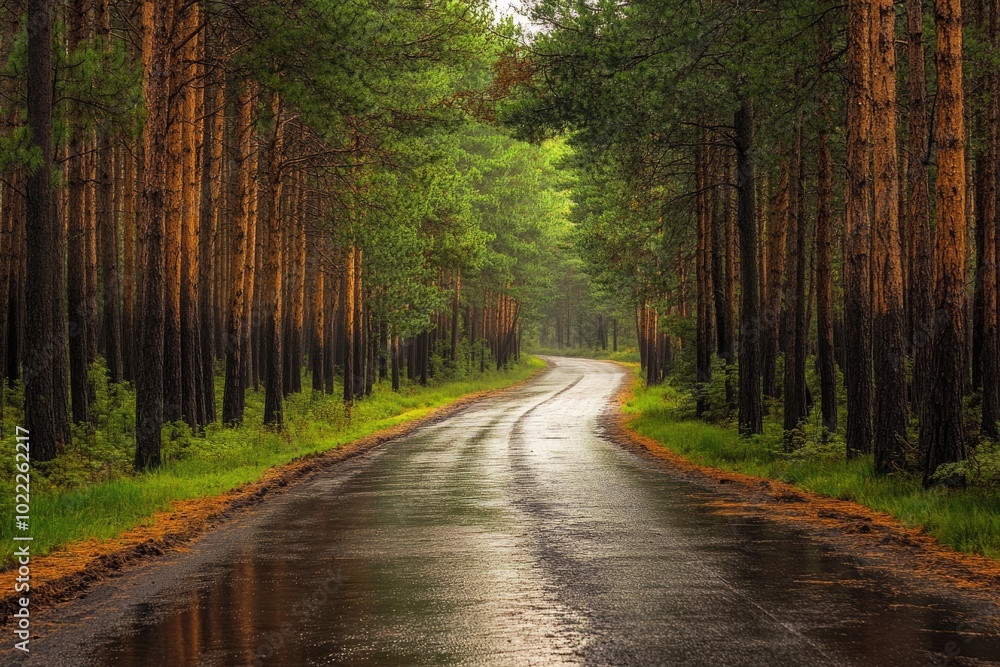 Fototapeta premium Quiet road after rain in pine forest, fresh and rejuvenating