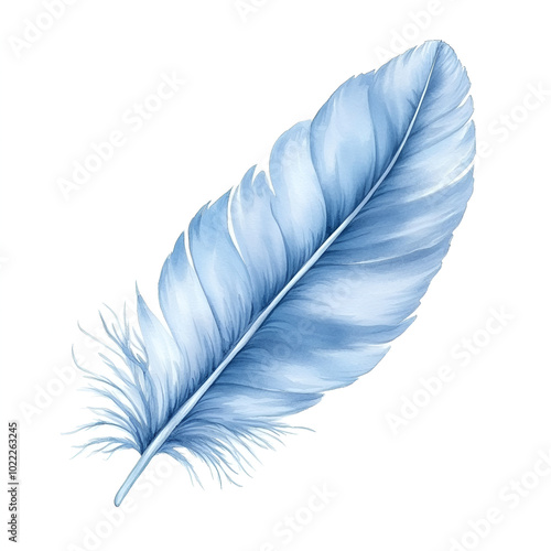 Watercolor Soft Blue Feather isolated on white background, ready to bring joy to any space , cartoon drawing, water color style