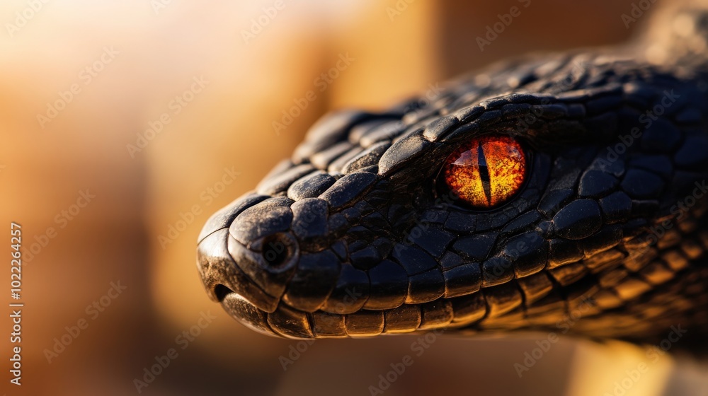 Close-up of a black snake with striking orange eye in natural habitat. Close-up of a black snake with striking orange eye in natural habitat.