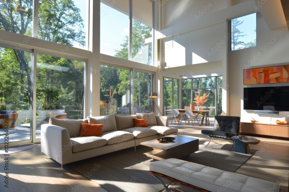 Modern living room with large windows and natural light Modern living room with large windows and natural light