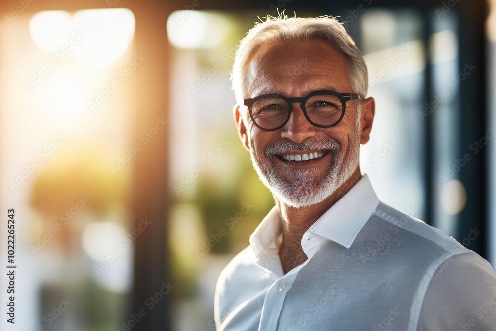 High-resolution brightly lit photorealistic candid photograph of a smiling senior businessman styled like a high-end lifestyle magazine. The light, happy ambiance reflects his joy. High-resolution brightly lit photorealistic candid photograph of a smiling senior businessman styled like a high-end lifestyle magazine. The light, happy ambiance reflects his joy.