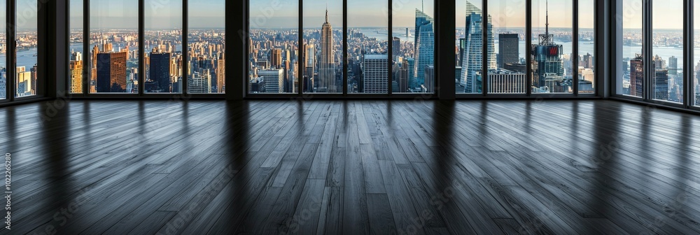 A modern empty room with dark wooden floors, smooth gray walls, and large windows overlooking a cityscape, offering a sleek, urban atmosphere in a wide panoramic view A modern empty room with dark wooden floors, smooth gray walls, and large windows overlooking a cityscape, offering a sleek, urban atmosphere in a wide panoramic view