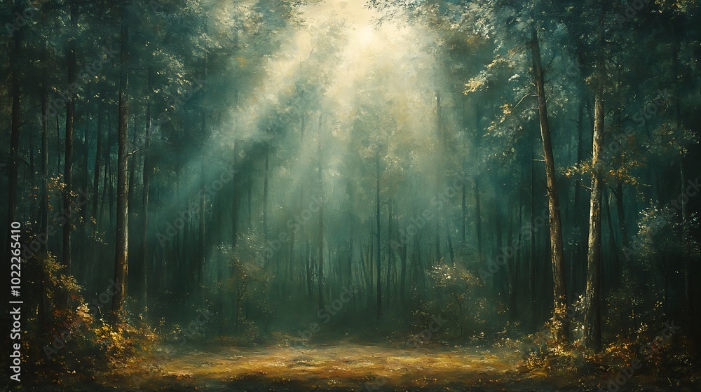 Sunlight streams through the trees in a dense forest. Sunlight streams through the trees in a dense forest.