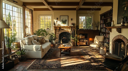 Wallpaper Mural A Luxurious Living Room with a Fireplace, Large Windows, and a Brown Rug Torontodigital.ca