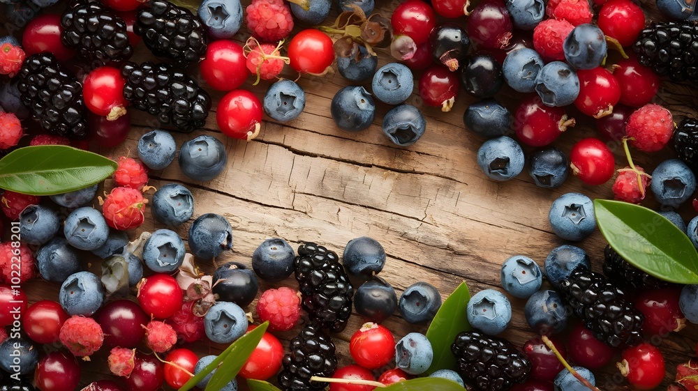 Rustic wooden surface with mixed whole and crushed berries and green leaves Rustic wooden surface with mixed whole and crushed berries and green leaves