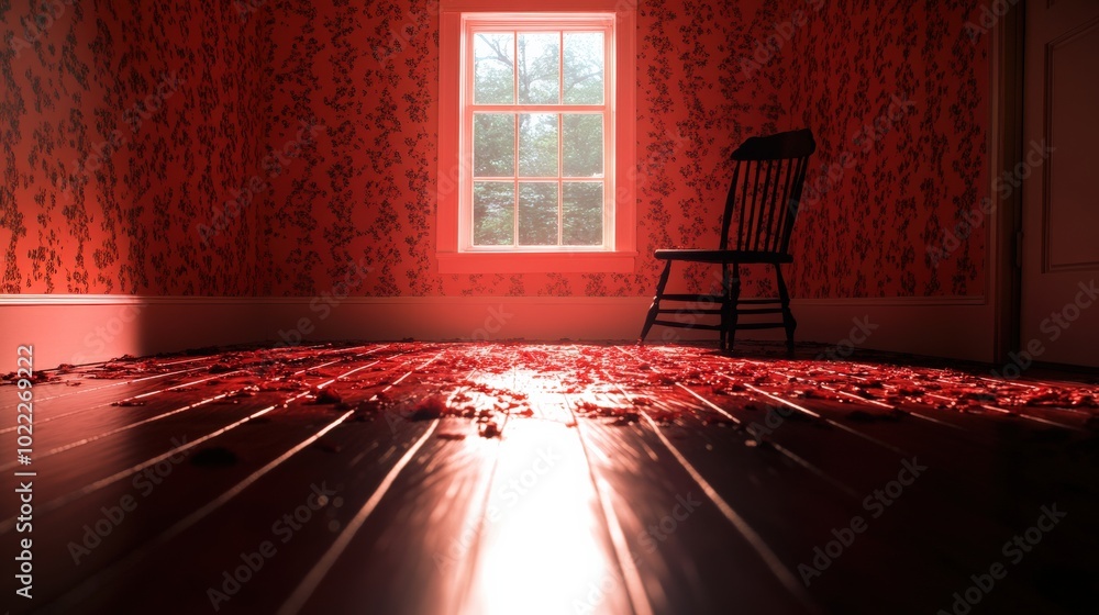 Fototapeta premium Empty room with a wooden floor, sunlight streaming through a window, and a lonely chair.