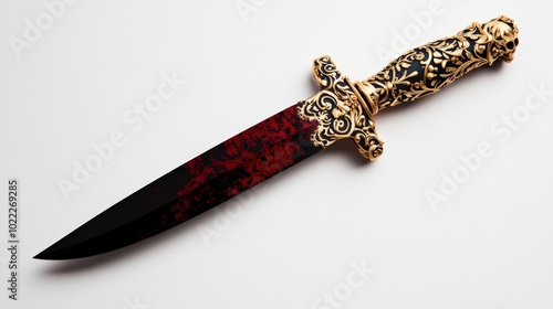 Exquisite dagger with ornate design, isolated on white background.