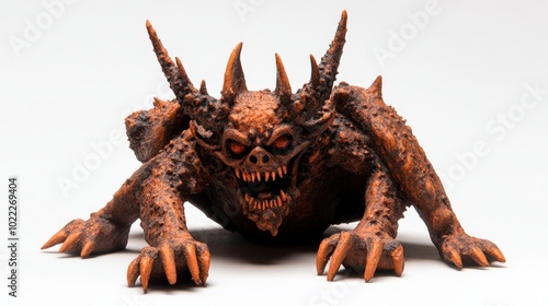 Fantasy creature model with horns, textured skin on white isolated background.