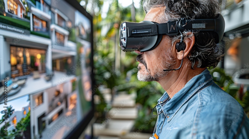 Frame shot of a real estate agent conducting a virtual tour of a property using a VR headset with 360degree views displayed on a screen Frame shot of a real estate agent conducting a virtual tour of a property using a VR headset with 360degree views displayed on a screen