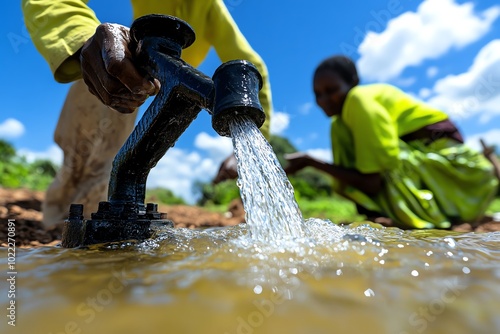 Hyper-realistic image of a villager using a hand pump to collect water, with intricate details of the pumpâ€™s handle and flowing water, capturing the essence of rural water supply